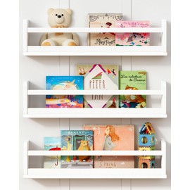 Harwaya 24 Inch White Wall Bookshelf for Kids Room, Floating Nursery Book Shelves Wall Mounted with Lip and Hanging Rod for Baby Girl Boy Bedroom, Large Corner Hanging Children Bookshelves -Set of 3