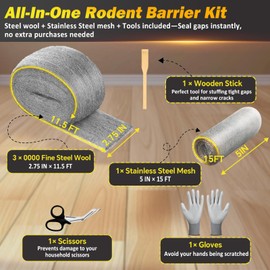 Wizcave Steel Wool Mice Control - 3 Pack Steel Wool 0000 & 1 Pack Wire Mesh with Wooden Stick & Gloves & Scissors, Mouse Hole Filler for House & Garden, Fine SteelWool for Polishing Chrome, Glass