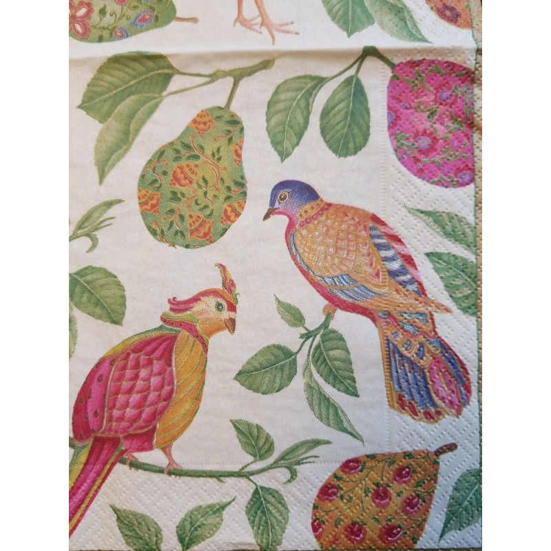 TWO Individual Napkins Birds Pears Ivory Cocktail for Decoupage (121