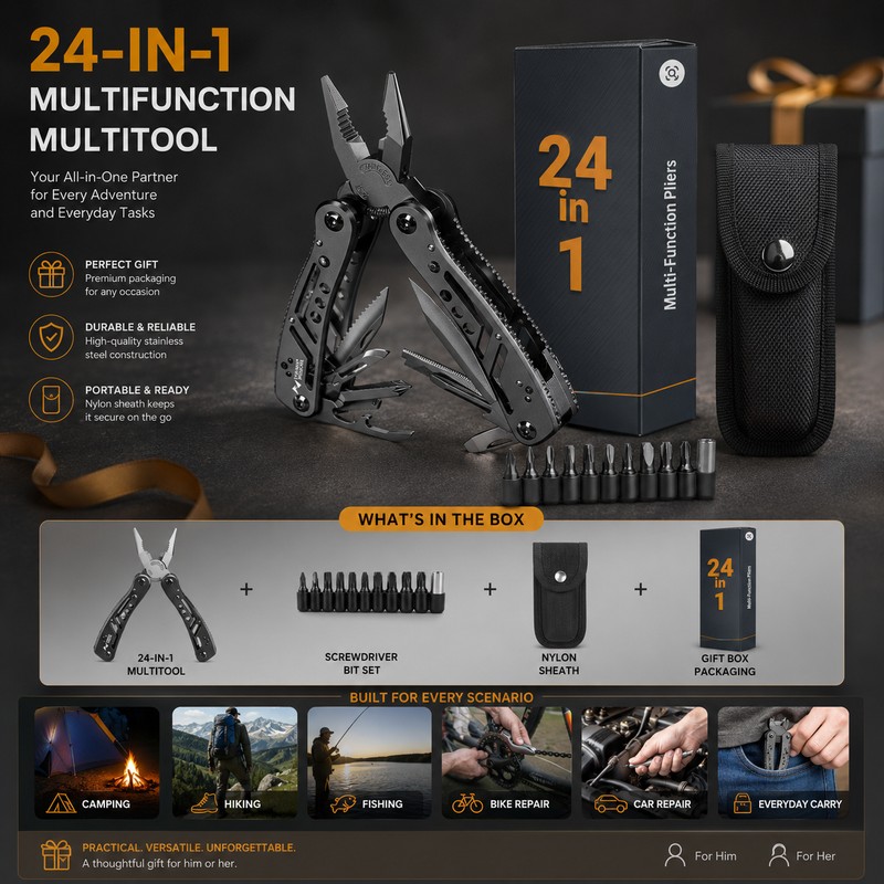 24-in-1 Stainless Steel Multitool for Repairs – Compact Pliers, Wire