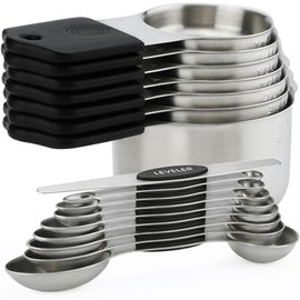 Magnetic Measuring Cups & Spoons Set, Strong N45 Magnets, Heavy Duty Stainless Steel Fits in Spice Jars for Baking & Cooking, BPA Free, Round Set of 15 with Leveler, Black