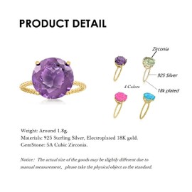 Bellitia Jewelry Women's 925 Silver 18K Gold-Plated Wedding Rings Promise Engagement Solitaire Ring, Synthetic Green Peridot/Purple Amethyst/Pink Tourmaline/Blue Topaz Rings for Women Girls, AAAAA