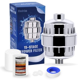Cadrim Shower Filter, Chrome 15 Stage Universal Replaceable Shower Head Water Purifier with 2 Filter Cartridges and 1 Teflon Tape (Grey)