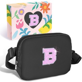 COSHAYSOO Black Belt Bag Small Waist Fanny Pack Crossbody Purse with Initial Letter Patch for Teen Girl Daughter, Nylon Cross Body Travel Chest Pouch Trending Gift (B)