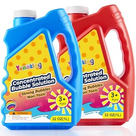 Yunaking Bubbles Solution Concentrated 64oz (Makes 5 Gallons), Non-Toxic Bubbles Refills for Bubble Machine, Gun, Wand, Mower, Giant Bubble Toys for Kids Parties Outdoor Easter Wedding(Red+Blue)