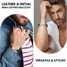 Aospkle Initial Letter Leather Bracelet for Men, Black Alphabet Leather Bracelet with Clasp, to My Man Bracelet Jewelry Gifts for Dad Husband Brother Boyfriend Son Grandpa C