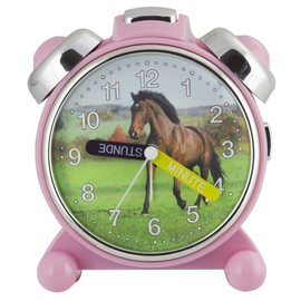 Eurotime Wecker für Mädchen mit Pferd, Rosa, Kinderwecker, geräuscharmer Wecker, kein Ticken, mit Licht, Weckwiederholung, Glocken,- oder Melodie-Alarm wählbar, 24012-22