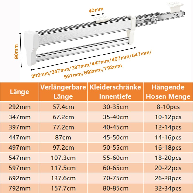 Extendable Telescopic Wardrobe Rail 292 mm