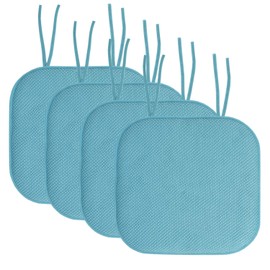 Sweet Home Collection Chair Cushion Memory Foam Pads with Ties Honeycomb Pattern Slip Non Skid Rubber Back Rounded Square 16" x 16" Seat Cover, 4 Pack, Teal 4 Pack