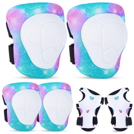 FIODAY Knee Pads for Kids Protective Gear Set Adjustable Kids Knee Pads and Elbow Pads with Wrist Guard for Girls Roller Skates Cycling Bike Skateboard Scooter Knee Pads, 3-8 Years,Teal Pink