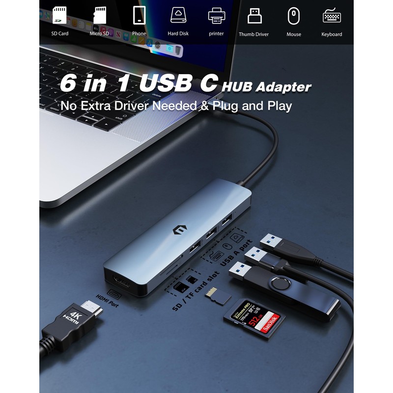 Tymyp USB C HUB, 6 in 1 USB C Adapter