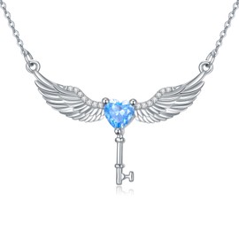 YAFEINI Angel Wings Necklace Sterling Silver Key Angel Wings Pendant Necklace Jewellery Gifts for Women Girls (Blue key necklace)
