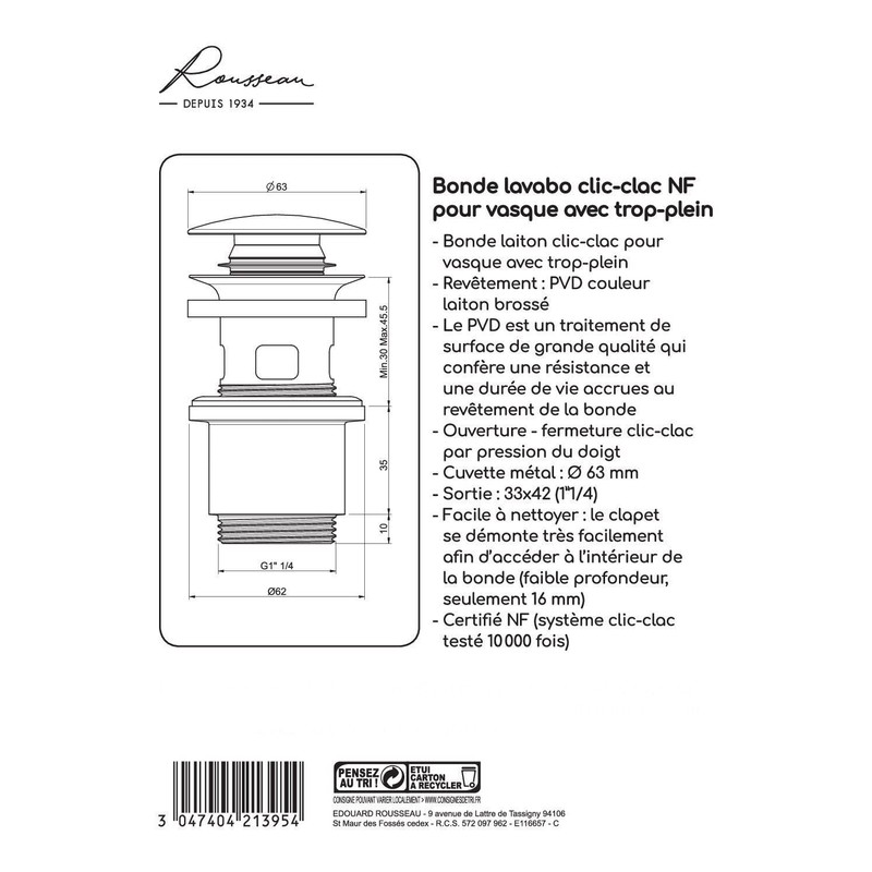 Edouard Rousseau Brushed Brass Waste with Overflow