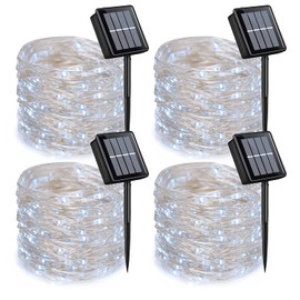 QITONG 4 Pack White Solar Fairy Lights, Each 33ft 100 LED String Light Outdoor Waterproof, 8 Modes Silver Wire Solar Twinkle Lights