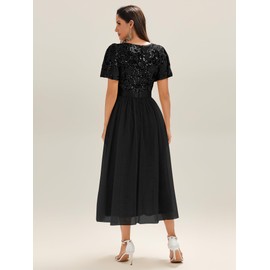 Ever-Pretty Women's Classic Round Neck Sequin Tulle Short Sleeves Midi Semi Formal Dresses Black US12