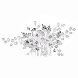 soft pottery flower inlaid with diamonds, handmade pearl hair comb, side comb, wedding headpiece (Silvery, One Size)