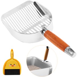 KOAKOMI Stainless Steel Metal Cat Litter Scoop,Kitten Pooper Lifter with Long Handle, for Litter Box,with Small Broom & Dustpan,for Quick Cleaning
