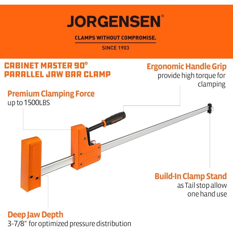JORGENSEN 2pack 36-inch Bar Clamps, 90°Cabinet Master Parallel Jaw Bar