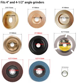 12pcs Angle Grinder Wood Carving Disc Set, 1pcs Cutting Disc +5 Pcs Grinder Disc + 5pcs Flap Discs + 5pcs 7/8"-5/8" Arbor, 4" or 4-1/2" Angle Grinder Attachments for Wood Cutting, Grinding