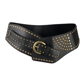 Womens Punk Rock Leather Waist Belt Wide Studded Corset Belt with Rivets Gothic Fashion Waist Cincher for Dress Costume (Black)