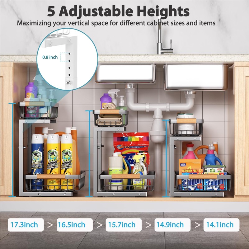 Liuoud Under Sink Organizer Storage 2 Pack, 2 Tier Slide