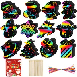 Christmas Scratch Paper Ornaments for Kids - 48Pcs Rainbow Scratch Off Note with Wooden Stylus Magic Color Art Crafts Bulk Gifts for Girls Boys Students Classroom Holiday Party Favors