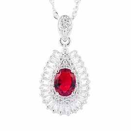 RIZILIA Pendant with 45cm(18") Chain & Oval Cut Gemstones CZ [Red Ruby] in 18K White Gold Plated, Simple Modern Elegance