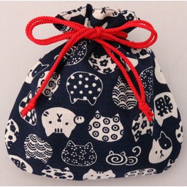 Kyoyu 100% Cotton, Drawstring Bag, Approx. 6.3 x 6.1 inches (16 x 15.5 cm), Small Pouch, Japanese Pattern, Kitty, Navy Blue