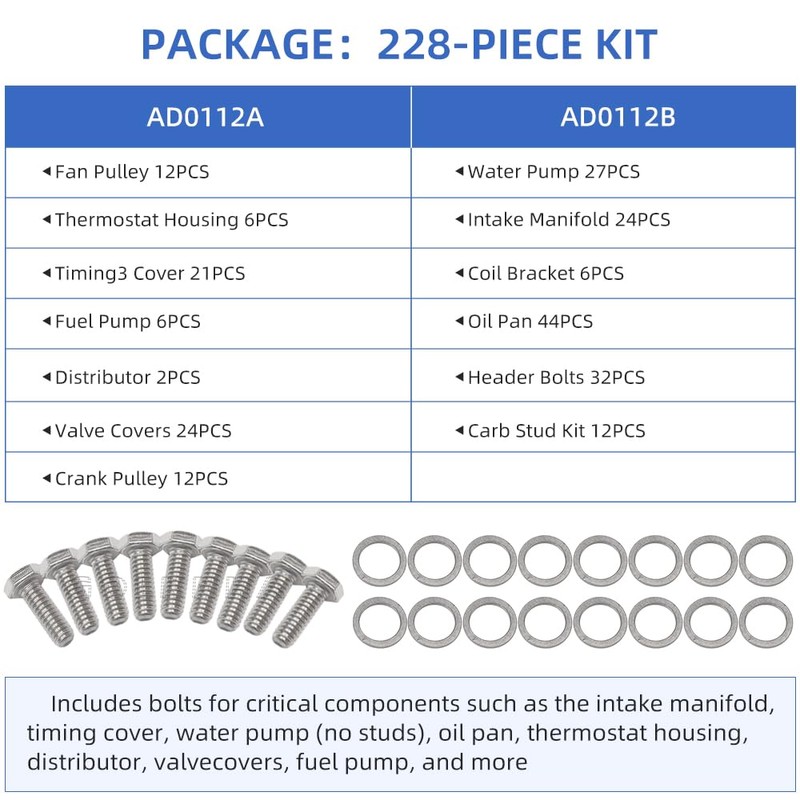 GOLKNHA 304 Stainless Steel 228 PCS Engine Hex Bolt Kit