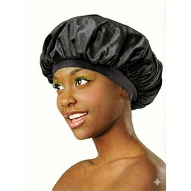 DONNA Silky Satin Bonnet Hair Cap with Argan Oil & Jamaican Black Castor Oil, Double Layer Sleep Hat, Soft Elastic Band, Large X-Large, Black Color
