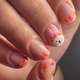 SINSEN Easter Press on Nails Short Square Fake Nails Full Cover Pink Rabbit Carrot False Nails Wreath French Tip Acrylic Nails Pink Easter Day Stick on Nails Glossy Cute Stick on Nails for Women