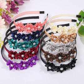XIMA Pearl Flower Headbands for Girls,Satin Hair Bands with Decorative Flowers, Multiple Colors Pack of 10