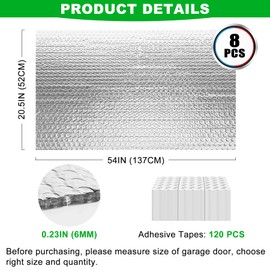 8P Garage Door Insulation Panels Kit 0.24' Thick Double Bubble Reflective Aluminum Foil Sheet Thermal Insulation Shield 120 Tapes Winter Clod and Summer Heat for Attic, Garage, Wall (20.5'' x 54'')