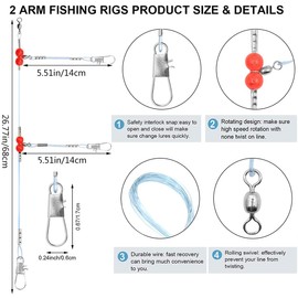 YOTO Fishing Leaders,Saltwater Tackle Rig with Swivels Snap, High-Strength Fishing Wire Gear Equipment for Lures Bait Or Hooks,1Arm and 2Arm