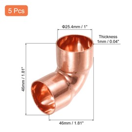 uxcell 5 Pcs 1 inch 90 Degree Elbow Short-turn Copper Pipe Fitting Connector with Sweat Solder Connection for Plumbing, 1.81x1.81x0.04inch