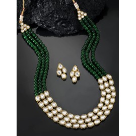 Aheli Indian Traditional Faux Kundan Long Necklace Jewelry Set with Earrings for Women Girls (Green)