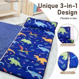 Beavtaens Nap Mat: Toddler Nap Mat with Removable Pillow and Removable Fleece Minky Blanket, Light Weight and Soft Perfect for Preschool and Daycare, 55"x22" Fit Standard Cot(Dinosaur)