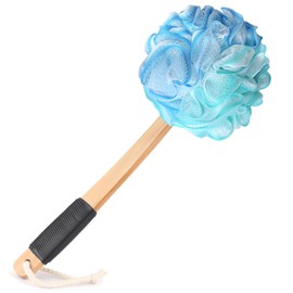 Loofah on a Stick PE Soft Mesh Luffa with Non-Slip Wooden Handle Made of Soft and Sturdy Rubber Material Back Scrubber for Shower for Women and Men with String for Easy Hanging(Blue Green White)