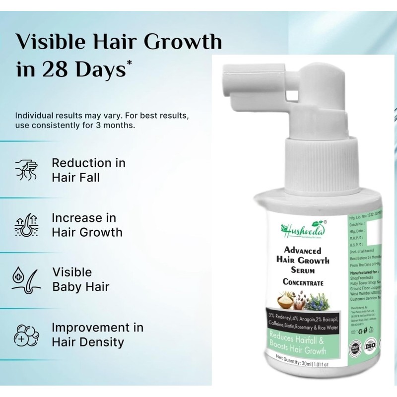 Hushveda Advanced Hair Growth Serum Concentrate 30ml Rosemary, 3% Redensyl,