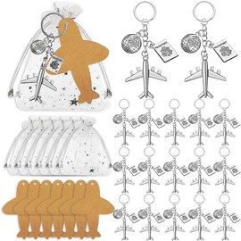 18 Sets Airplane Party Favors Travel Adventure Party Favors Airplane Compass Keychains Airplane Tags Organza Bags for Adventure Theme Party Graduation Travel Party Baby Shower Supplies (Style 1)