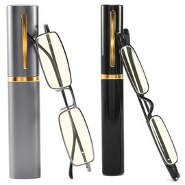 touk Small Pocket Reading Glasses Blue Light Blocking, Slim Compact Half Readers with Portable Pen Clip Case for Men Women 2 Pack Gunmetal/Black +3.5