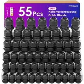 ANVINKU Cable Gland, Waterproof with Seals, 55 Pieces, PG7 PG9 PG11 PG13.5 PG16 PG19 Cable Grommet Waterproof, Black Adjustable Cable Glands Set