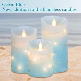 MELTONE Ocean Blue Flameless Candles with String Lights Moving Wick Real Wax Battery Operated Candles with Remote Control & Timer - Home Holiday Farmhouse Fall Decor - Set of 3