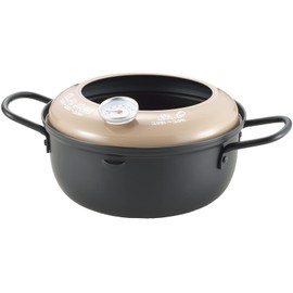 Yoshikawa YJ3371 Tempura Pot with Thermometer, 7.1 inches (18 cm), 1.58L, Iron, Oil Splash Guard, IH and Gas Stove Compatible, Greige, Made in Japan, Tsubame Sanjo