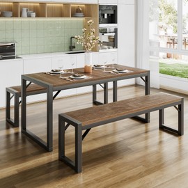 SHA CERLIN 3-Piece Dining Table Set with 2 Benches, Rustic Kitchen Table Set for 4-6, Space-Saving Dinette, Sturdy Structure, Easy Assemble, Brown/Grey