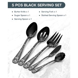 EUIRIO 5PCS Serving Utensils,Serving Set Includes Large Serving Spoon Slotted Serving Spoon Serving Fork Sugar Spoon&Butter Knife,Stainless Steel Flatware Serving set for Buffet Party,Dishwasher Safe