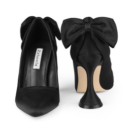 Zzheels Women's Bow High Heels Closed Toe Heels with Bow Chunky Heels Bridal Wedding Shoes Black Silk US7.5