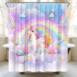 HWSSHW Rainbow Unicorn Shower Curtain Pink Fantasy Animal Kids Girls Birthday Party Cartoon Colorful Fabric Bathroom Curtain Set with Hooks