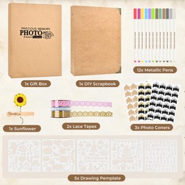 GlamSpark DIY Scrapbook Photo Album, 8.3''x10.5'' Hardcover Kraft Blank Scrapbook Album Kit for Family, Wedding, 3 Ring Scrapbook Album with Corner Stickers, Scrapbook Pens, Drawing Template, (Khaki）