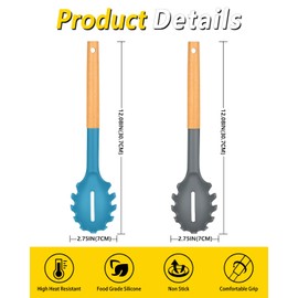 Pack of 2 Spaghetti Spoon, Silicone Pasta Fork with Wooden Handle, Heat Resistant Noodle Spoon Server, BPA Free Spaghetti Strainer(GRAY-BLUE)